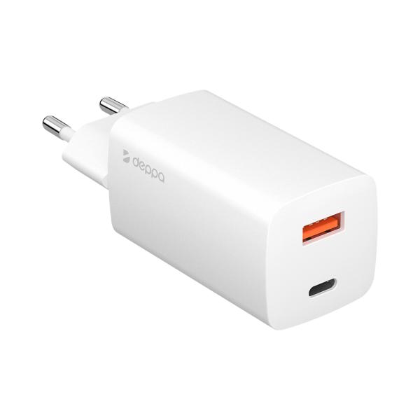 Зарядное устройство сетевое Deppa 11434, USB-C/A 65w, белое (GaN) сетевое зарядное устройство ugreen cd127 70161 pd 30w usb c wall charger eu белый